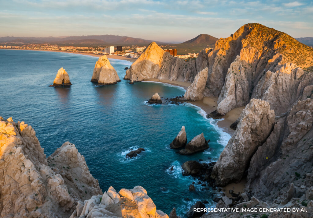 AI generated sunset view of the rocky coastline and turquoise waters of Cabo San Lucas, Mexico.