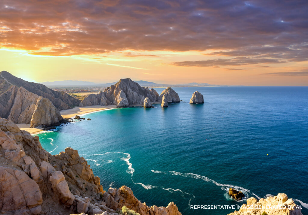 Golden sunset casting warm light across the ocean and rocky shoreline in Cabo San Lucas.