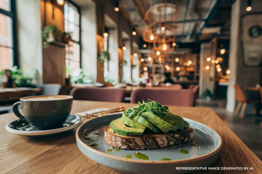 A brunch dish with avocado and gourmet presentation in a casual upscale restaurant.