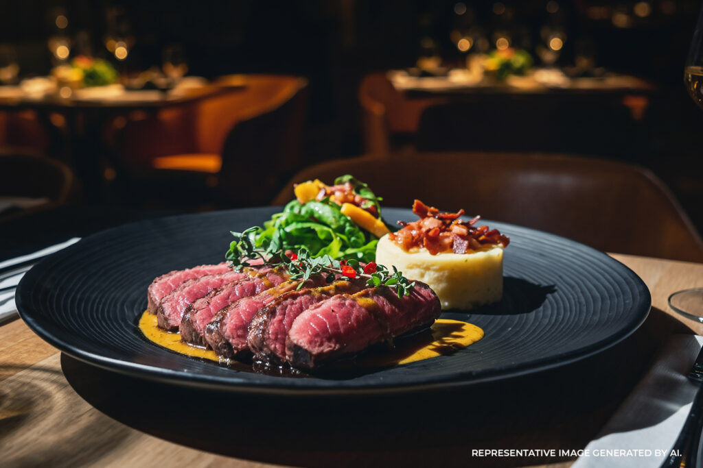 A plated steak garnished with herbs and vegetables in a fine dining setting.