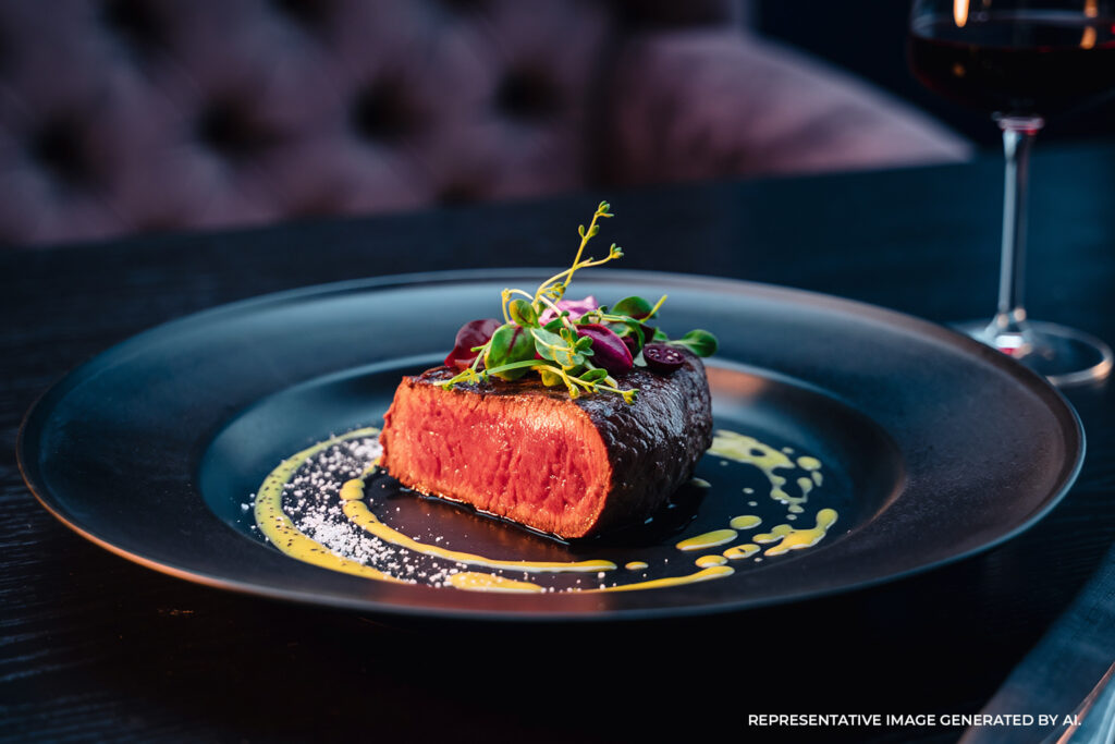 A plated steak dish garnished with vegetables in an upscale dining environment.