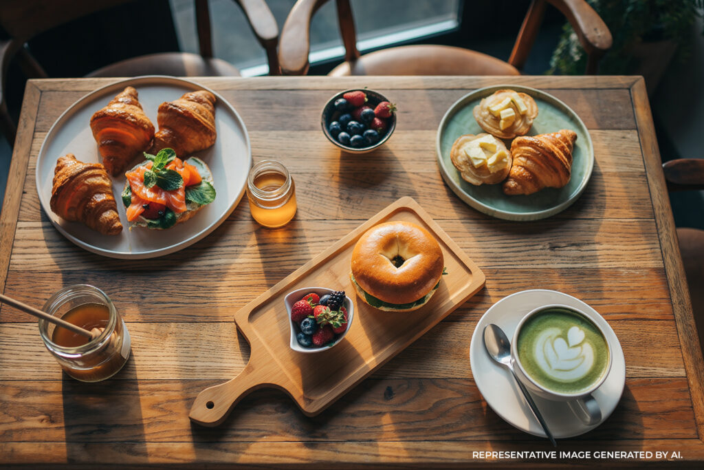 A brunch table with coffee, pastries, fruit, and small plates in a casual dining setting.