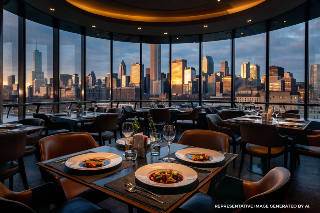 A restaurant interior with elegant table settings and panoramic views of the Chicago skyline through large windows.