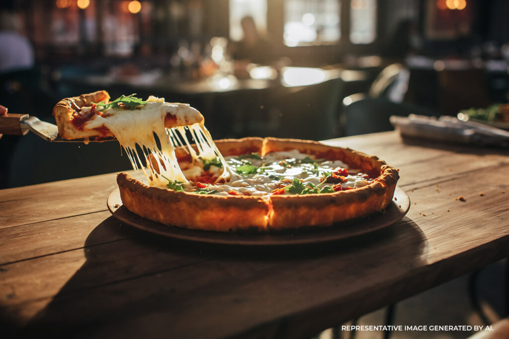 A closeup of a slice of deep dish pizza being lifted from a pan with melted cheese stretching.