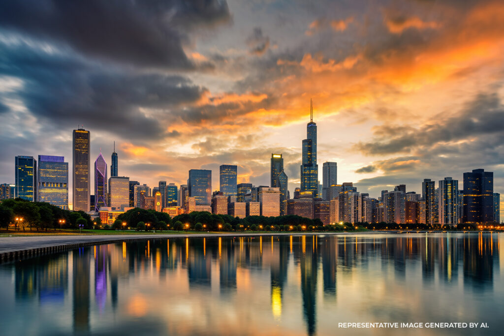 A wide view of the Chicago skyline viewed from across Lake Michigan with tall skyscrapers and sunlight reflecting on the buildings.