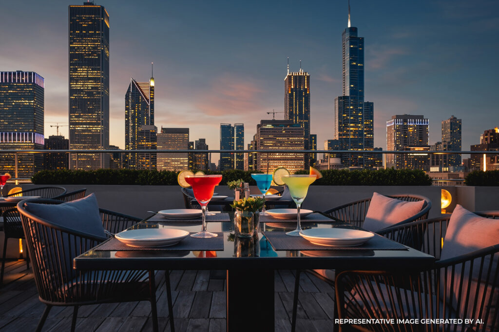 A rooftop dining setting with cocktails overlooking the Chicago skyline at sunset.