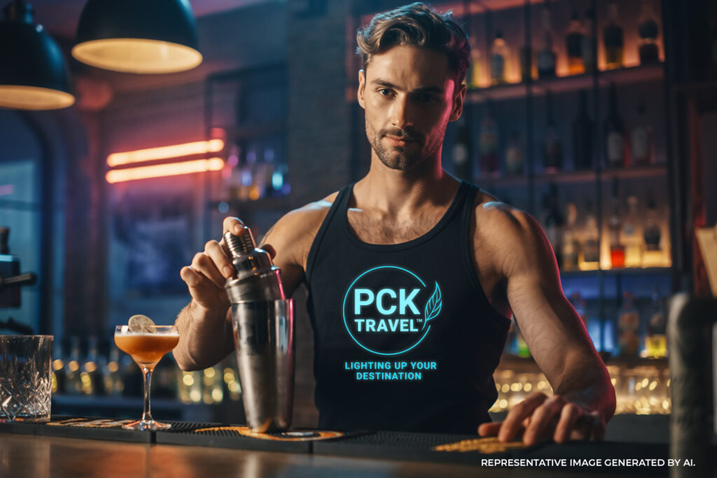 A bartender holding a cocktail shaker in a bar environment with nightlife lighting.