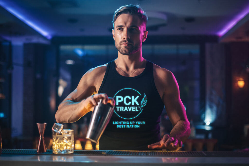 A bartender shaking a cocktail behind a bar with city nightlife ambience.