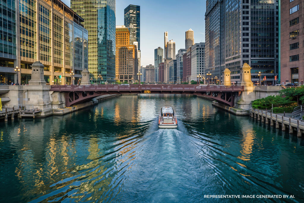The Chicago River at dusk with bridges crossing over the water and skyscrapers lit in warm colors.