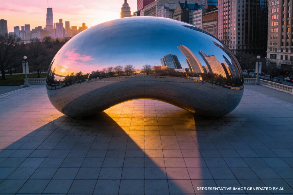 Cloud Gate sculpture reflecting sunlight and city buildings with shadows on the ground.