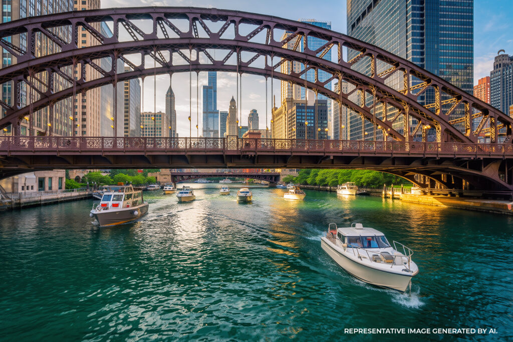 A bridge crossing the green dyed Chicago River with city buildings in the background.