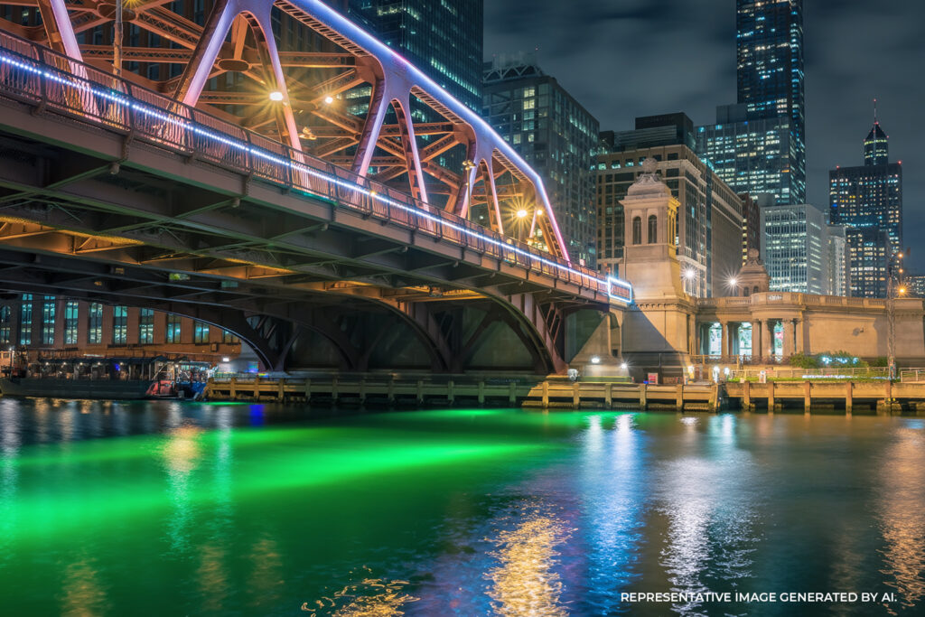 A lit bridge over the Chicago River with bright green reflections on the water and architecture along the riverwalk.