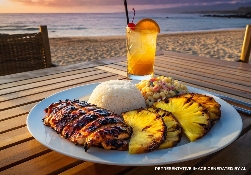 A grilled chicken plate with caramelized pineapple, white rice, vegetables, and a tropical drink at a beachside restaurant on Oʻahu.
