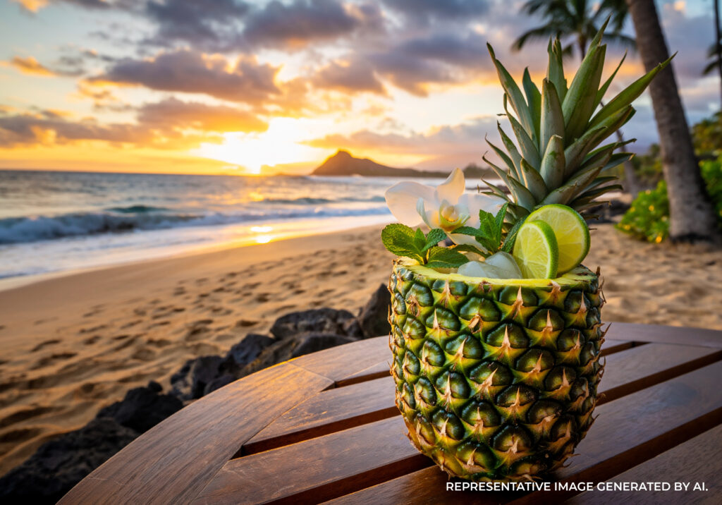 A tropical cocktail served inside a fresh pineapple on a wooden table overlooking a sandy beach at sunset on Oʻahu.