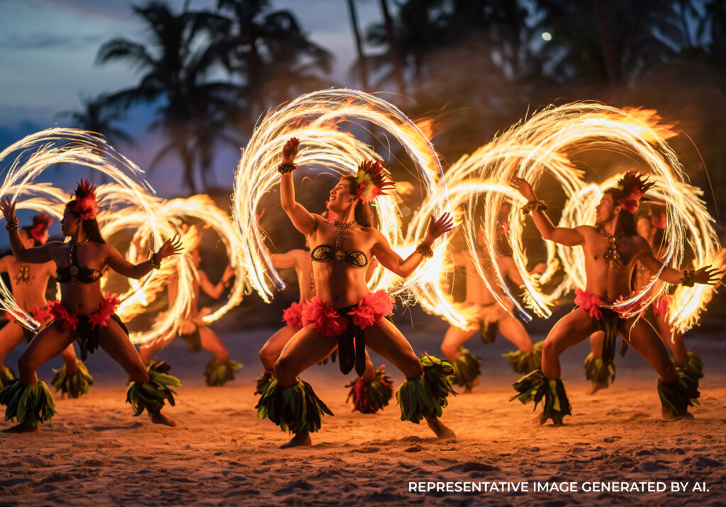 A group of Polynesian dancers performing a fire dance with flaming torches on a sandy Hawaiian beach at night.