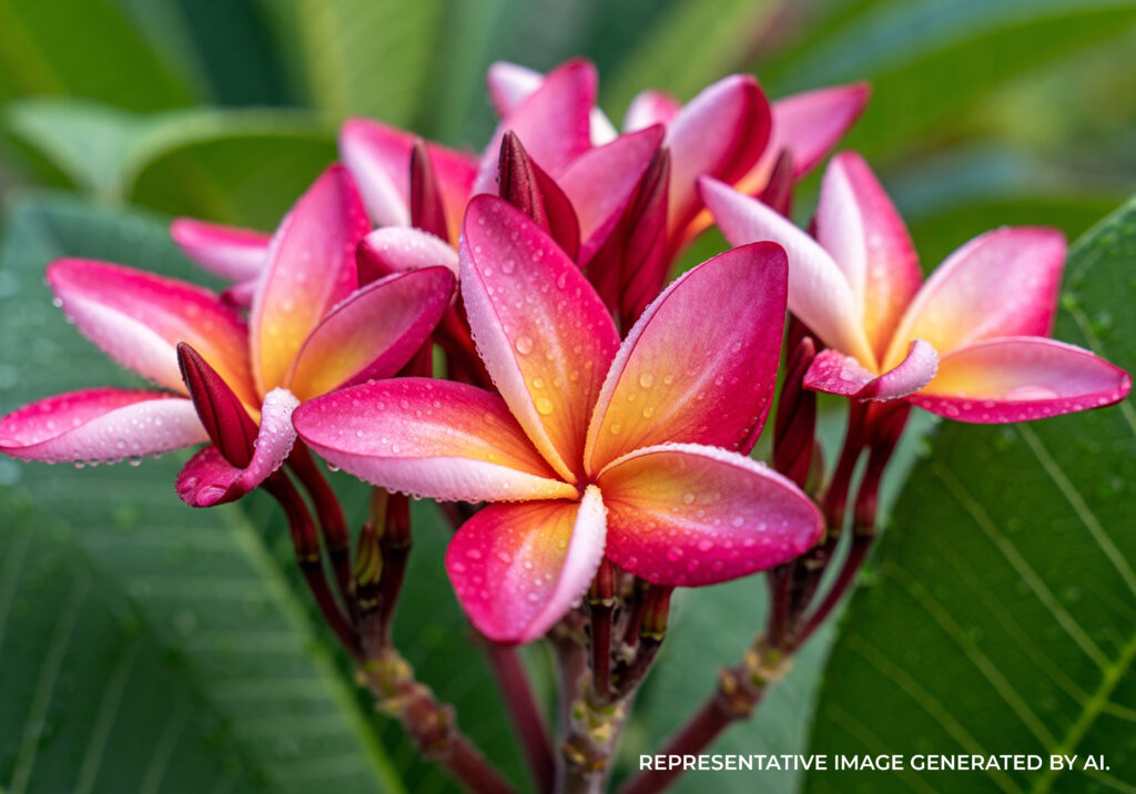 Close up view of pink and orange plumeria flowers with green leaves and water droplets in soft natural light.