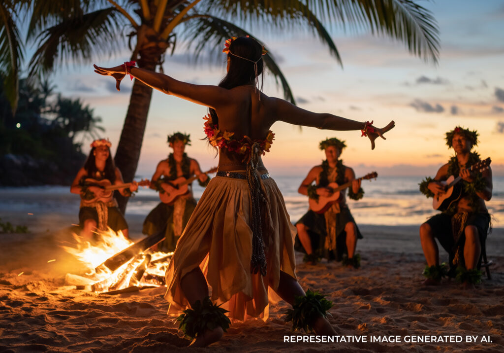 Hula dancer performing at sunset on a beach on the Island of Hawaiʻi, with musicians playing ukuleles around a bonfire under palm trees