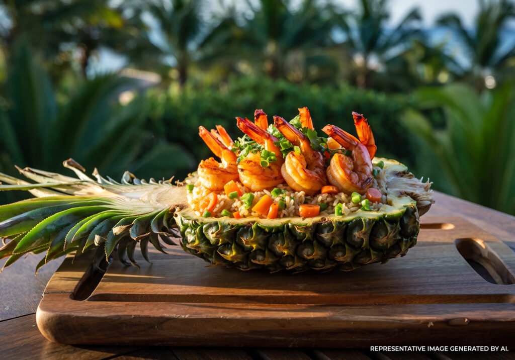 Garlic shrimp and rice served inside a pineapple bowl on an outdoor table.