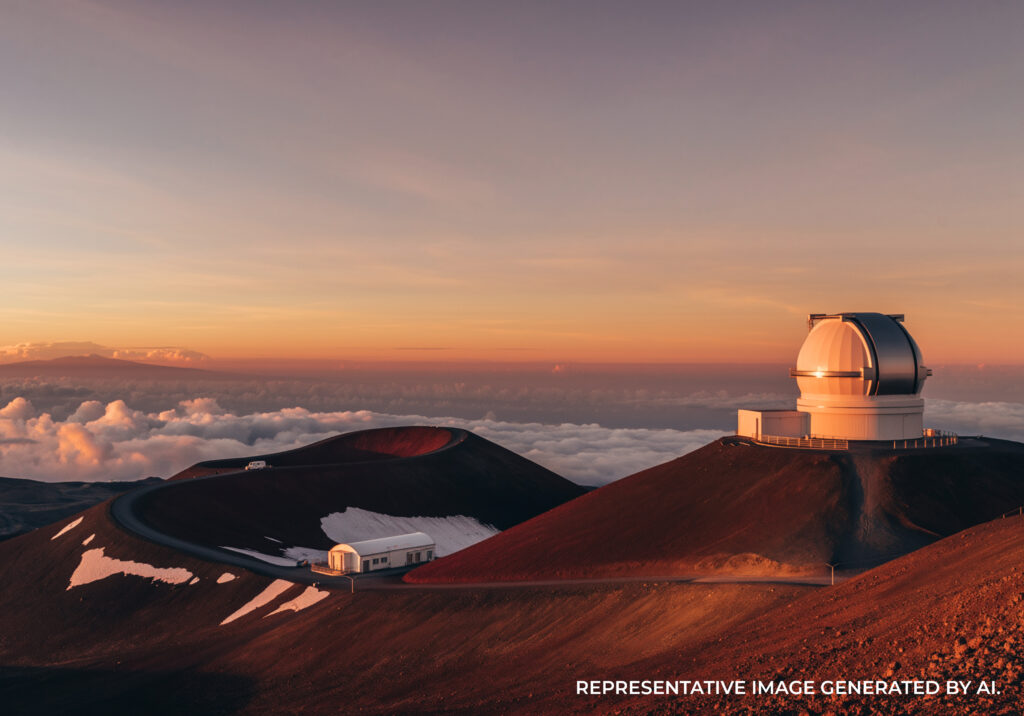 A sunrise view of the Mauna Kea Observatory perched on a volcanic summit above the clouds with warm golden light illuminating the red cinder landscape.