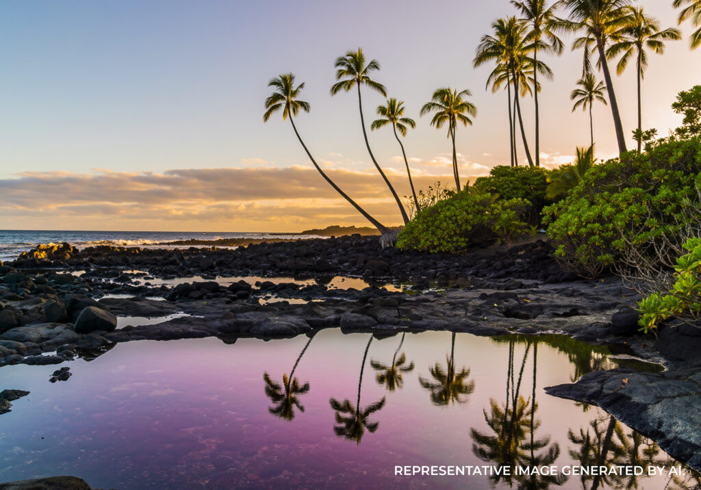 Tall palm trees reflected in a calm tidal pool on a volcanic beach at sunset with soft purple and gold sky.