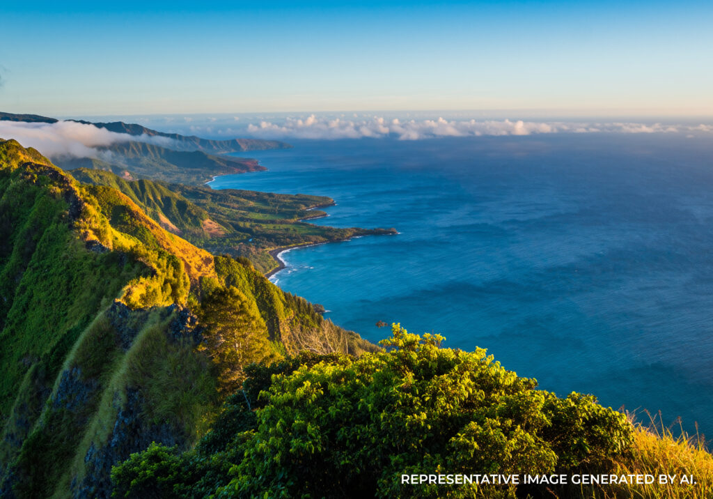 Aerial view of lush green cliffs dropping into the blue ocean beneath scattered clouds.