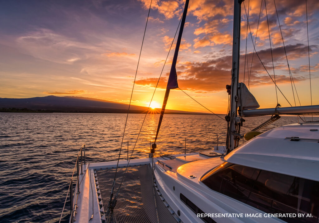 View from a catamaran at sunset off the Island of Hawai’i with the sun setting behind mountains.