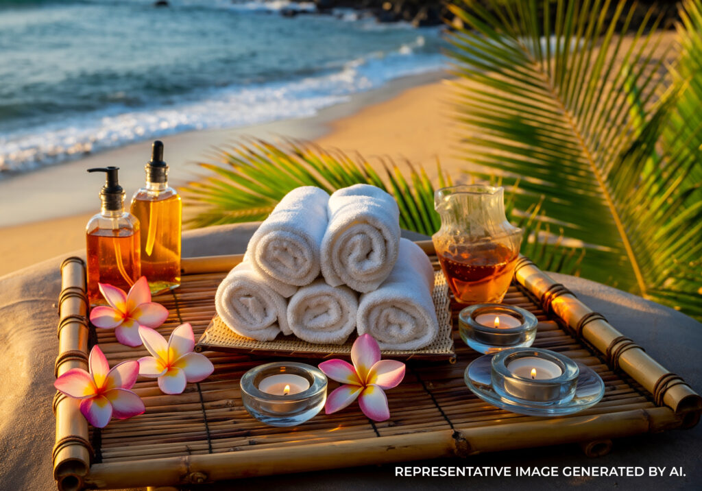Table with rolled towels, oils, flowers, and spa products overlooking the beach in Kauaʻi.