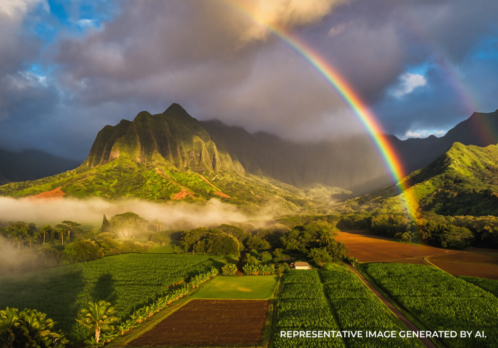 Rainbow arching over green valley and jagged mountains in Kauaʻi, Hawaiʻi with soft sunrise light and misty clouds