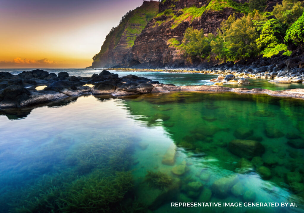 Shallow turquoise tide pool with rocks, coastal cliffs, and clear ocean water along Kauaʻi shoreline.