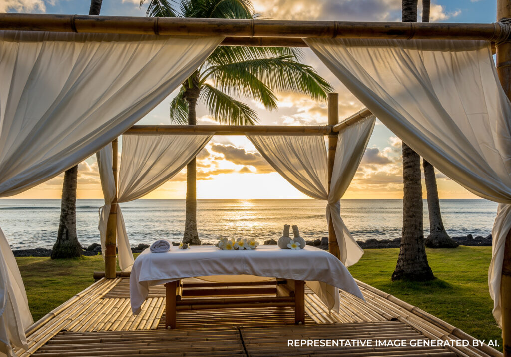 Outdoor spa cabana with massage table overlooking the beach at sunset in Kauaʻi, Hawaiʻi.