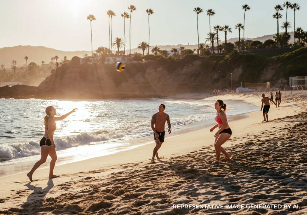 A group of friends walking along the beach at sunset with palm trees and gentle waves.