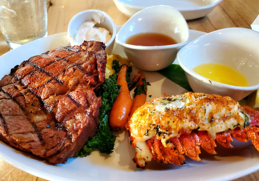 Maui dining, steak and lobster.