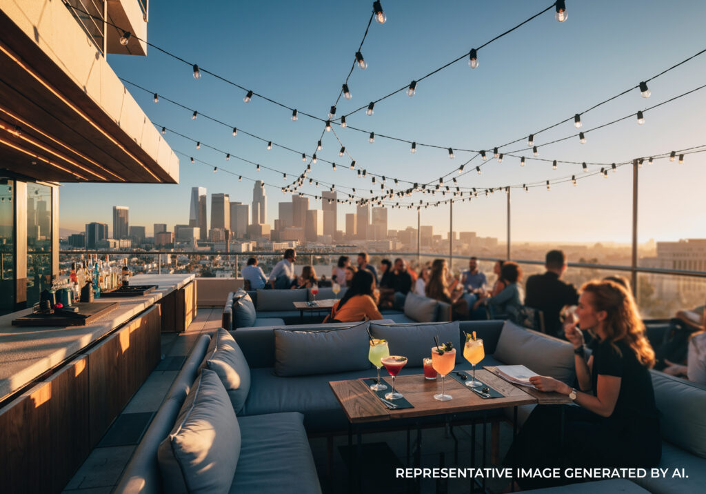 People gathered at a rooftop lounge with cocktails, string lights, and a view of the Los Angeles skyline.
