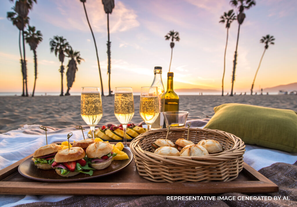A basket filled with food, drinks, and snacks on a beach table at sunset with palm trees in the background.