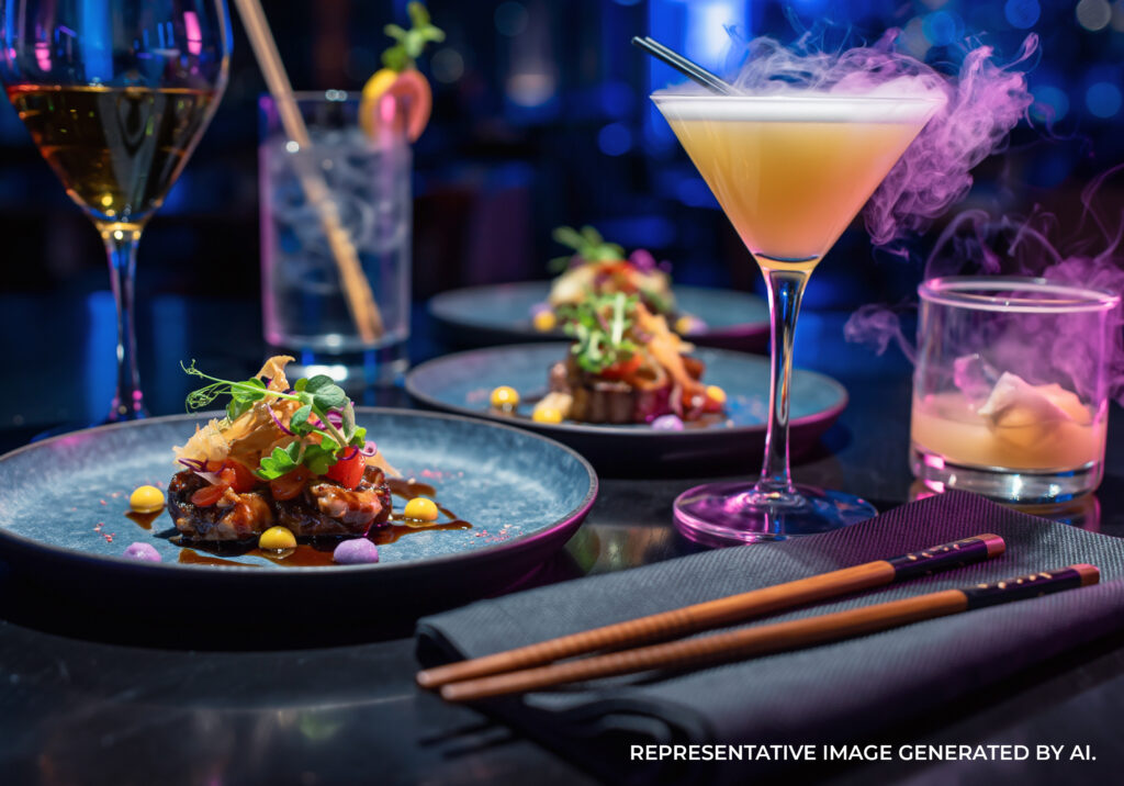 A restaurant table filled with gourmet small plates and a martini style cocktail in a chic setting.