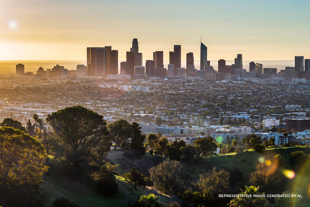 Distant view of the Los Angeles skyline at sunrise with trees in the foreground and hazy golden light.
