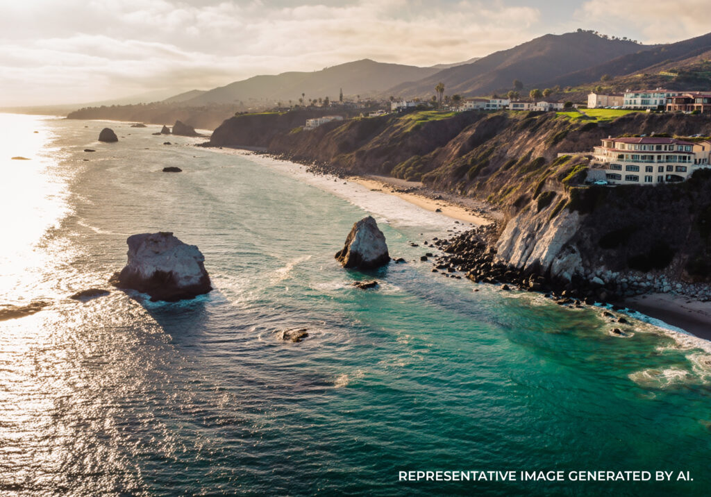 High angle view of waves breaking along a rocky shoreline with steep cliffs in Malibu.