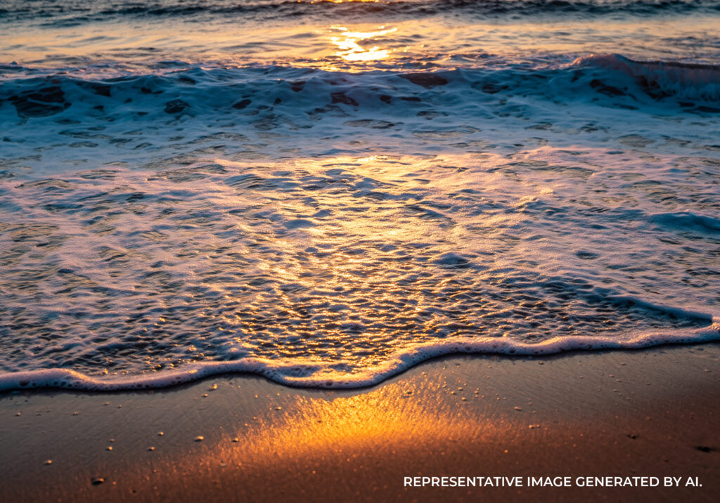 Gentle waves washing over wet sand at sunset with golden reflections on the water.