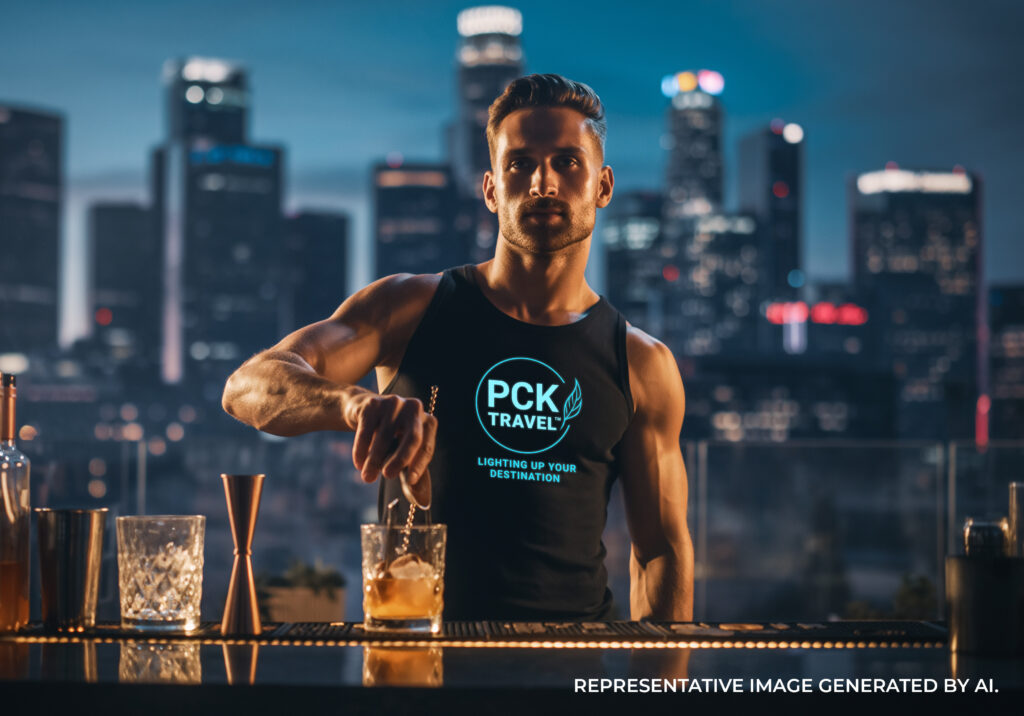 A bartender wearing a PCK Travel tank top preparing a cocktail with the city skyline blurred in the background.