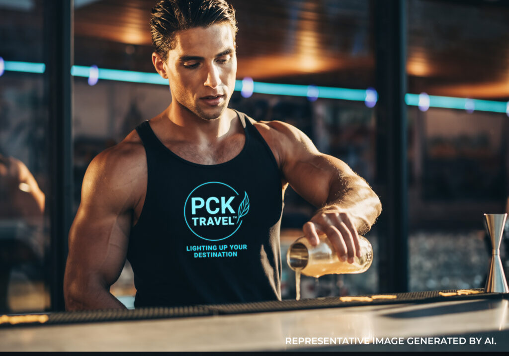 A smiling bartender wearing a PCK Travel tank top preparing a drink behind a modern bar.