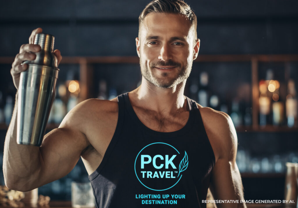A fit male bartender smiling and holding a shaker while wearing an athletic tank top in an indoor setting