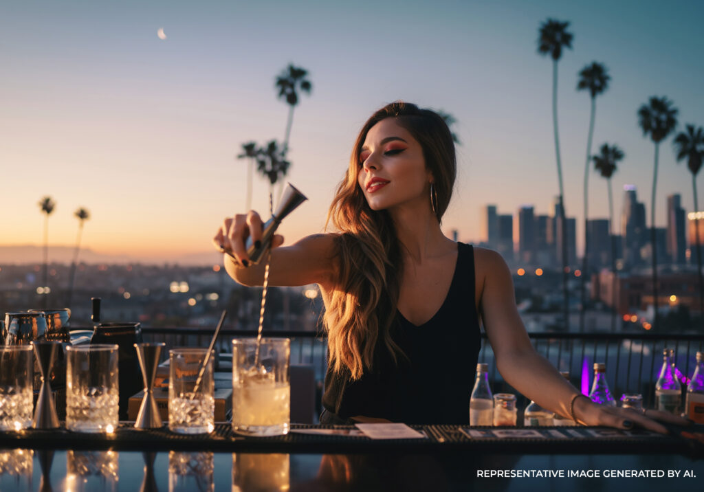 A woman making a cocktail outdoors at sunset with palm trees and urban skyline in the background.
