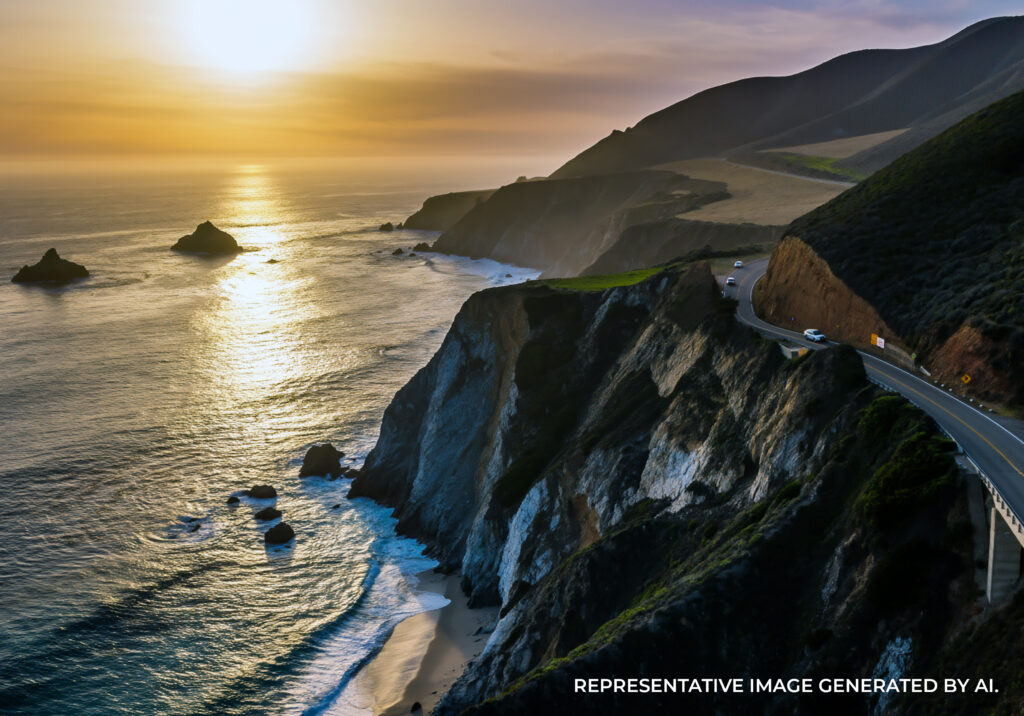 Aerial view of a winding coastal road running along cliffs and a long ocean shoreline.