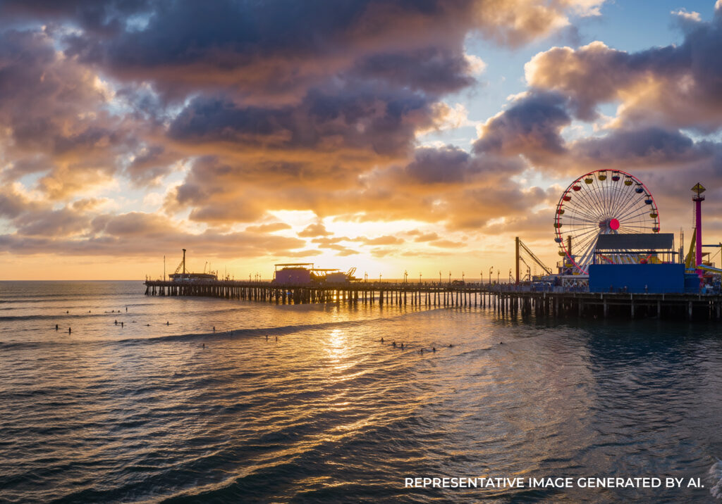 A long ocean pier at sunset with waves rolling toward the shore and warm golden reflections.