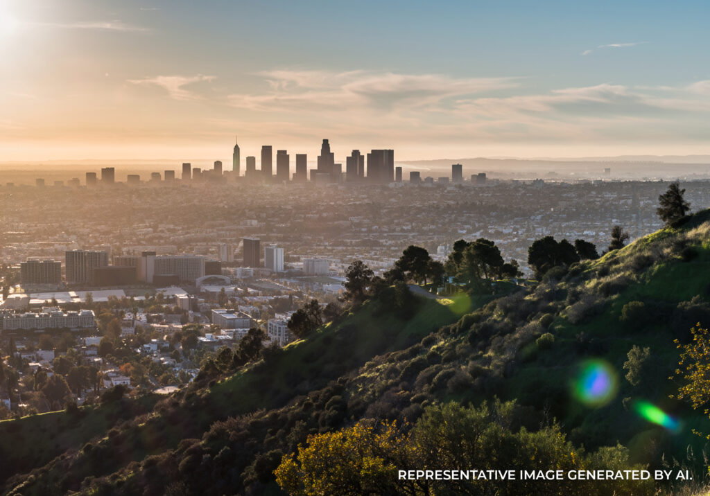 A hillside neighborhood overlooking the Los Angeles skyline in hazy morning light.
