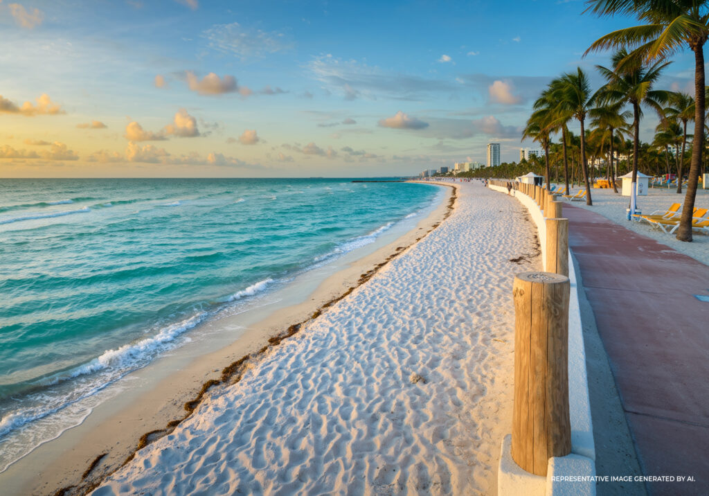 Representative image generated by AI depicting a high-resolution photograph of South Beach, Miami in late afternoon sunlight.
