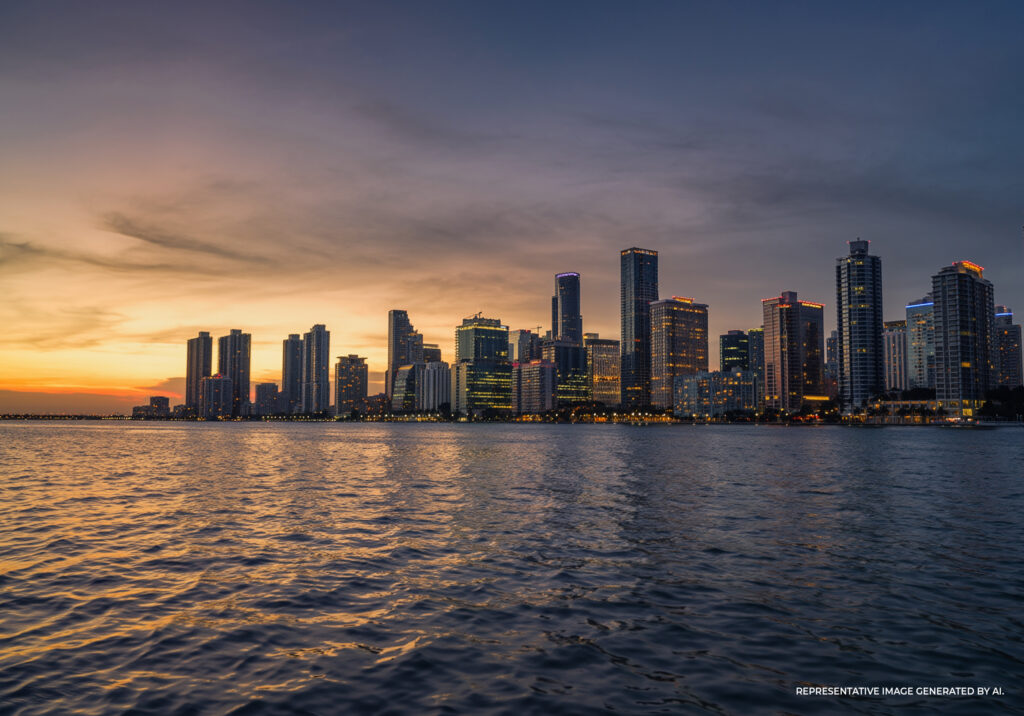 Representative image generated by AI depicting a cinematic photograph of Miami’s Brickell and downtown skyline at twilight.