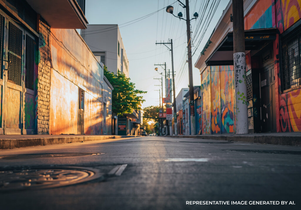 An artistic Miami street scene at night, featuring vibrant murals and bold color, reflecting Wynwood’s creative energy. AI generated image inspired by Miami’s art culture.