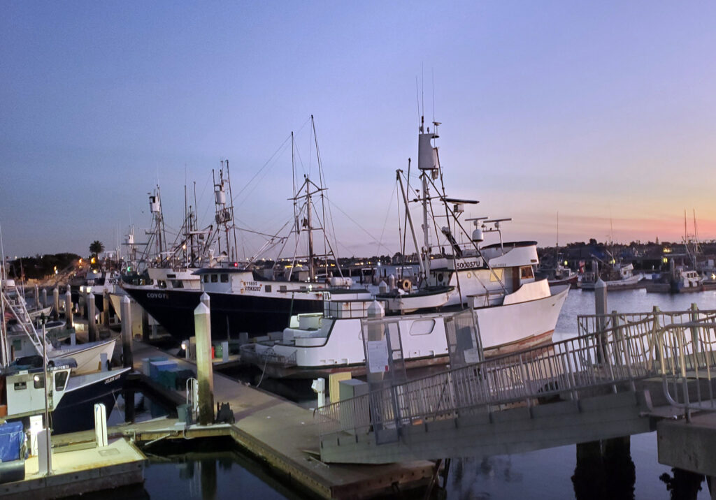 Sunset over the San Diego Marina with fishing boats and reflections of warm sky colors on the calm harbor water.