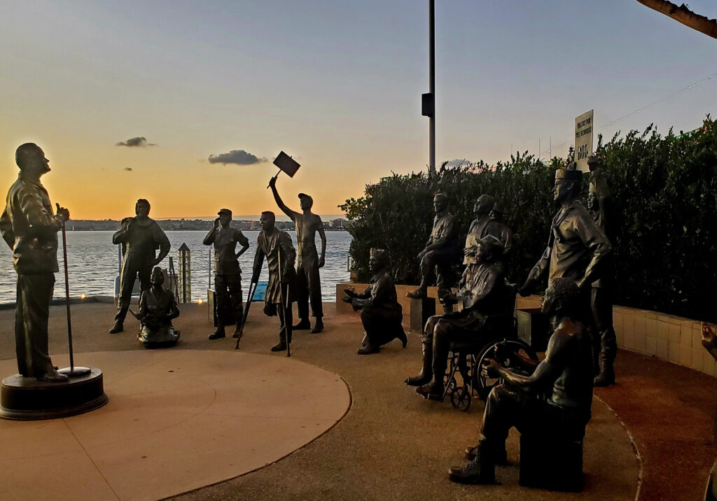 A bronze statues at the Bob Hope Salute to the Military memorial overlooking the waterfront in San Diego